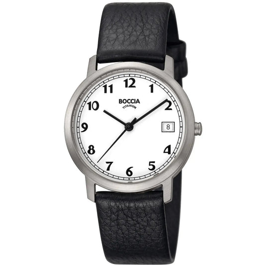 Boccia Titanuhr mit schwarzem Lederarmband und Datumanzeige. Elegante Quarzuhr mit weißem Zifferblatt und Titan-Gehäuse, ideal für den Alltag.