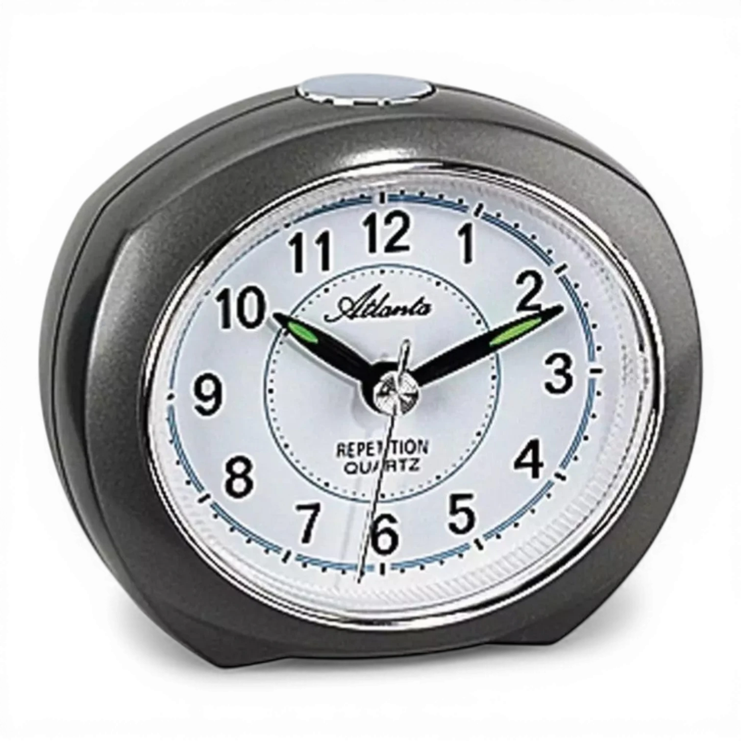 Bendixen-Braun oval grey quartz alarm clock with white face, Arabic numerals, luminous hands, and snooze function.