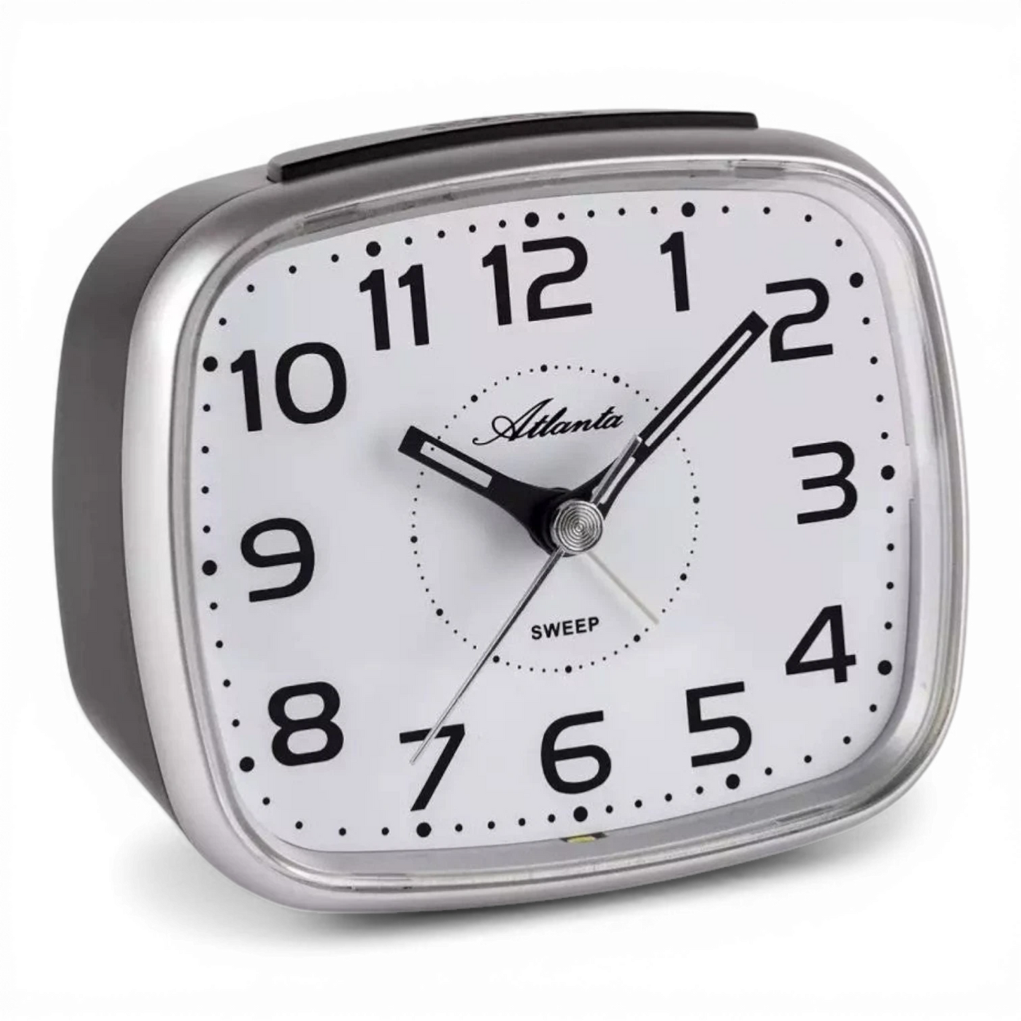 Bendixen-Braun silver square quartz alarm clock with white face, Arabic numerals, and sweep second hand. Features crescendo alarm and LED light.