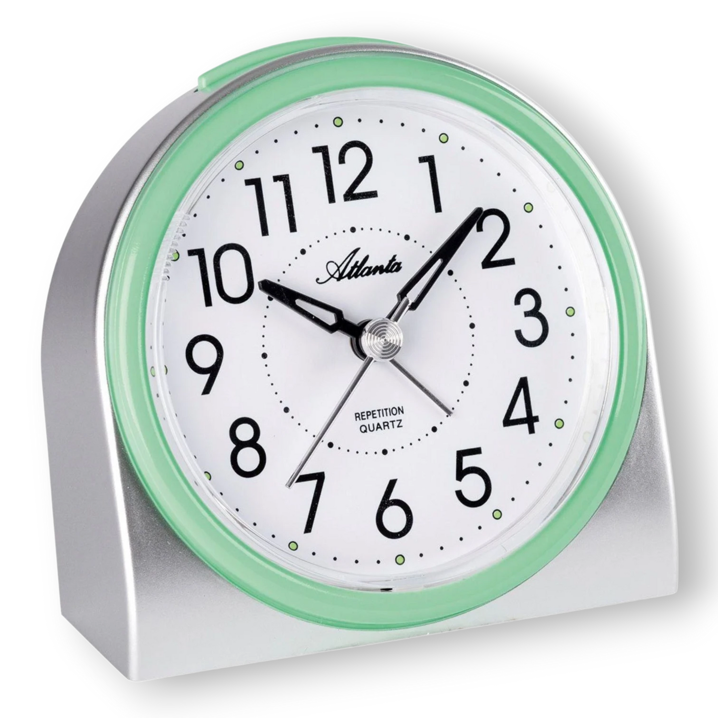 Bendixen-Braun green quartz alarm clock with silver case, white dial, Arabic numerals, luminous indices, and silent second hand.