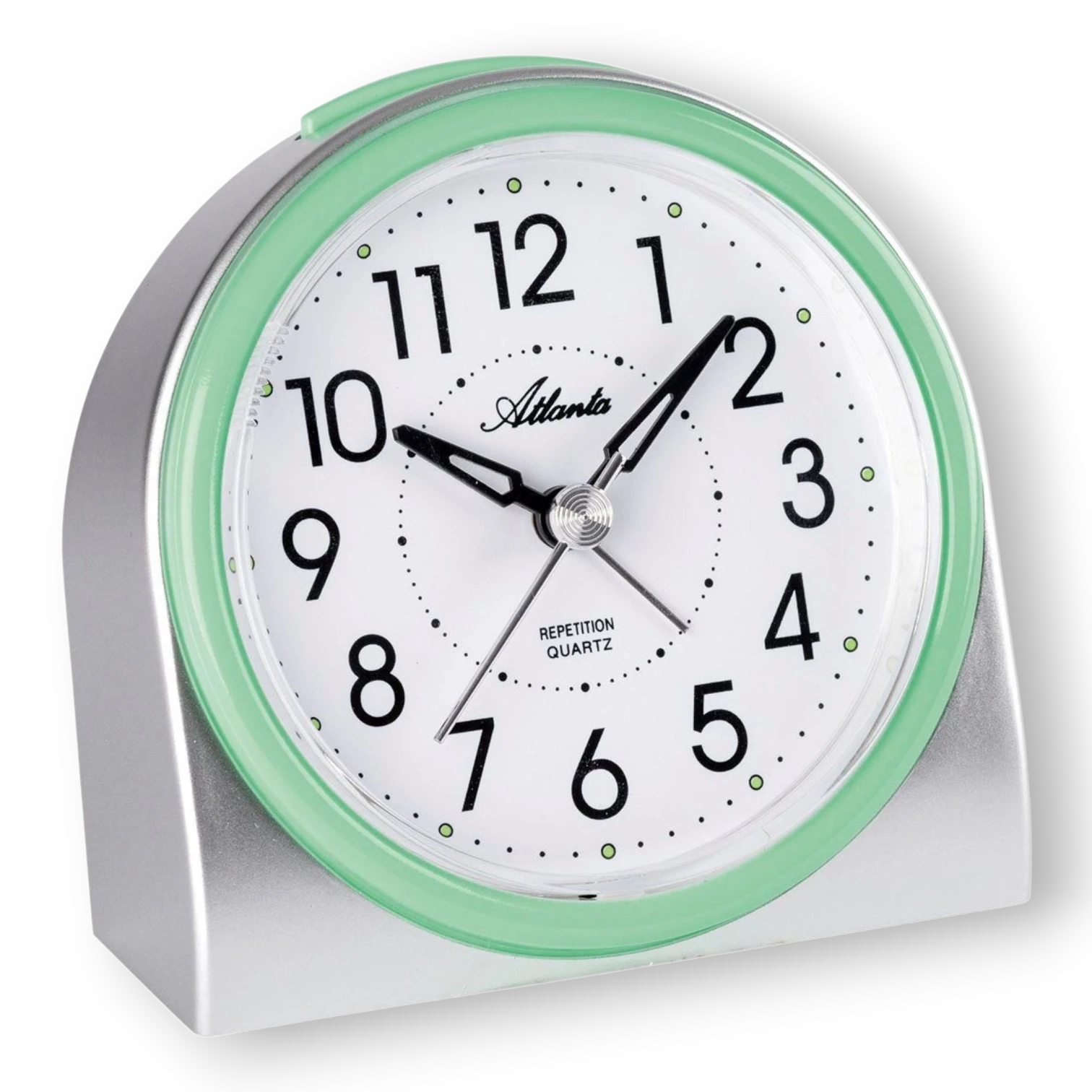 Bendixen-Braun green quartz alarm clock with silver case, white dial, Arabic numerals, luminous indices, and silent second hand.