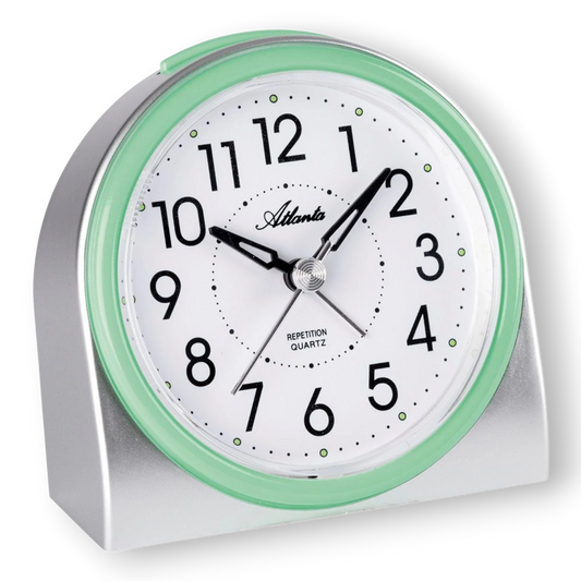 Bendixen-Braun green quartz alarm clock with silver case, white dial, Arabic numerals, luminous indices, and silent second hand.