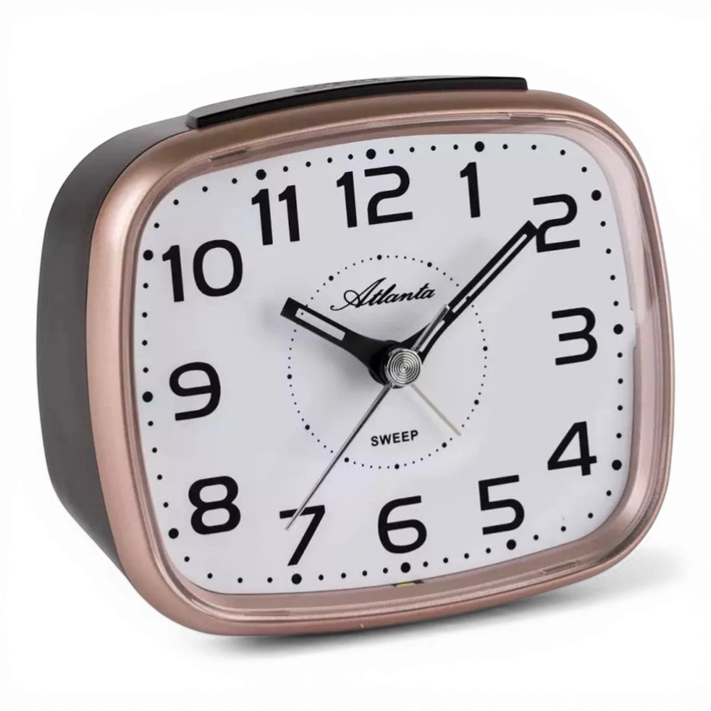 Bendixen-Braun rose gold square quartz alarm clock with white face, Arabic numerals, and sweep second hand.