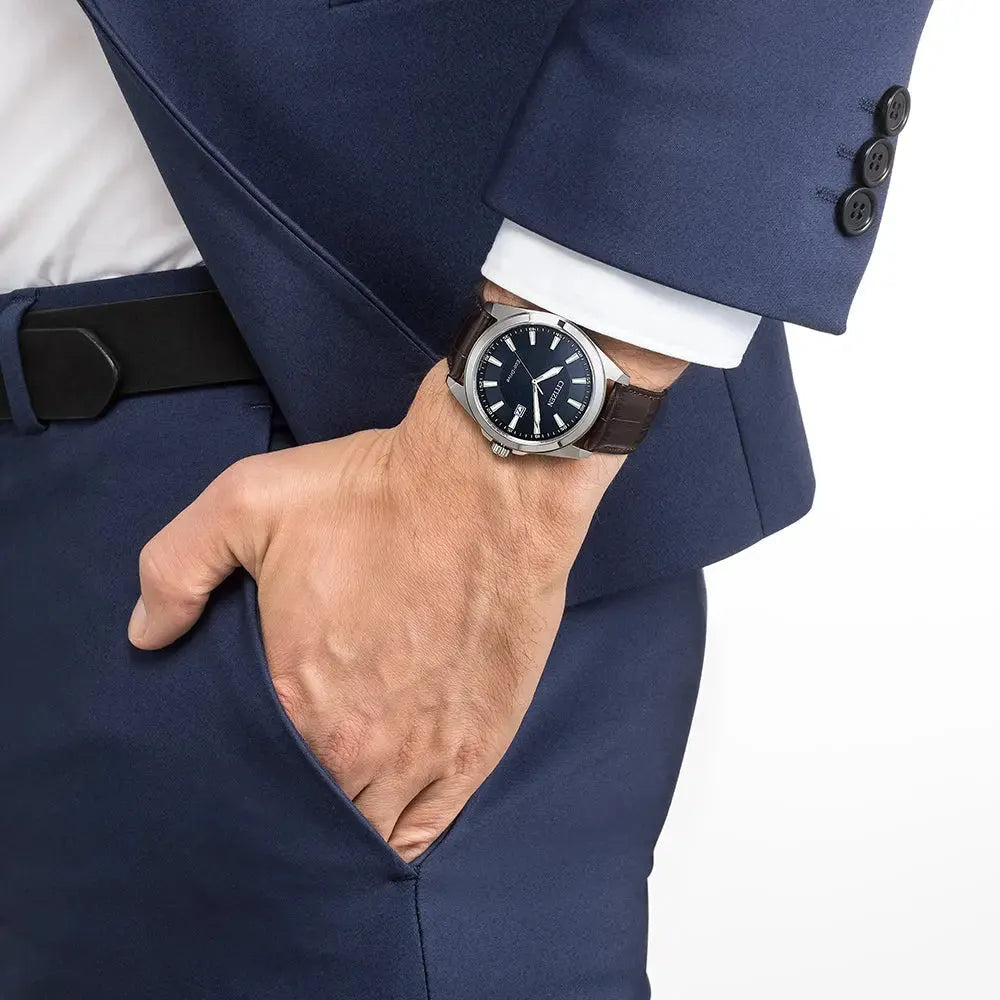 Citizen Herren-Solaruhr Edelstahl mit blauem Zifferblatt.