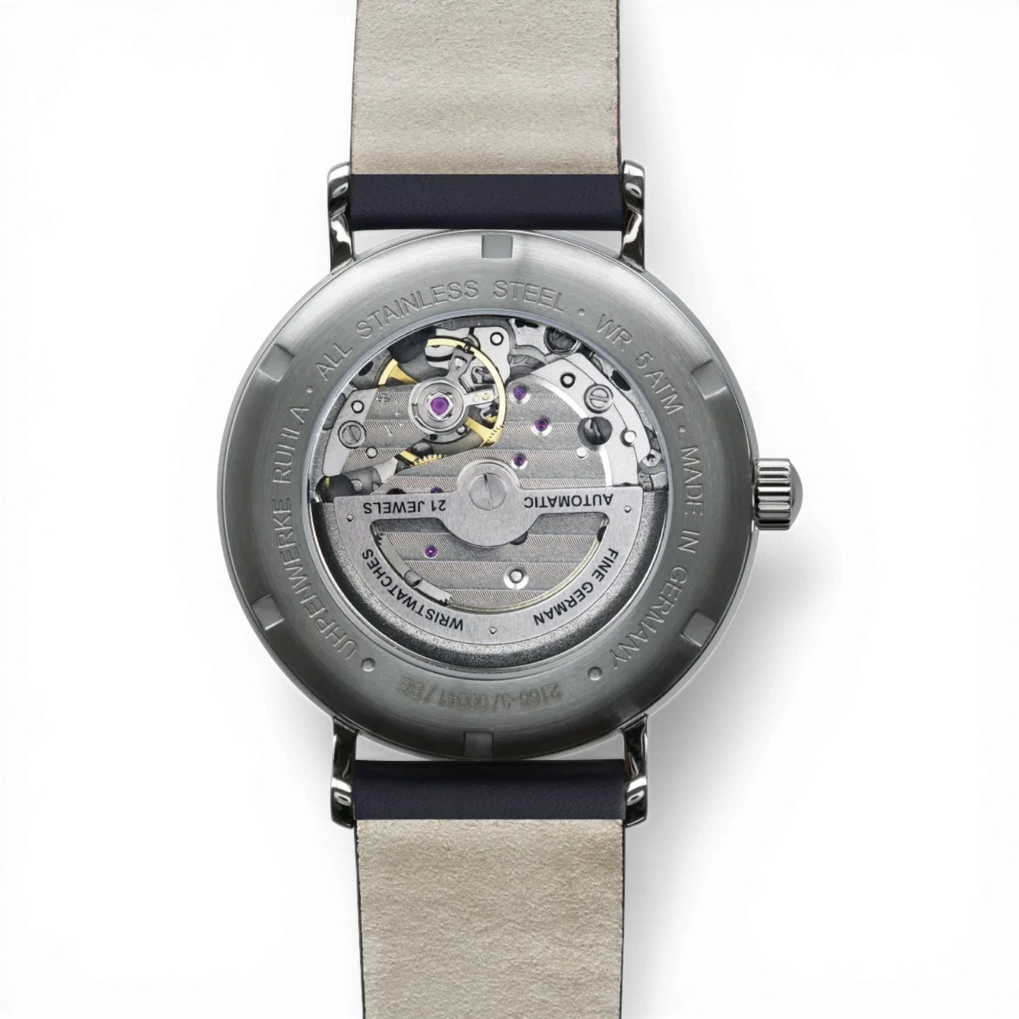 Rückseite der Bauhaus Herrenuhr Automatik mit Sichtboden. Hochwertiges Edelstahlgehäuse und präzises Uhrwerk, verfügbar bei Bendixen-Braun.