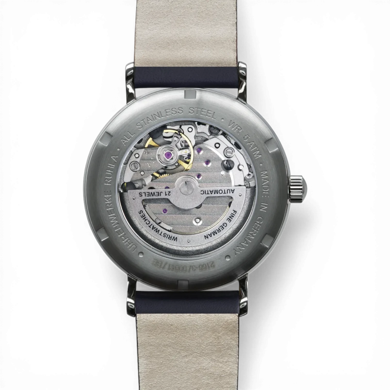 Rückseite der Bauhaus Herrenuhr Automatik mit Sichtboden. Hochwertiges Edelstahlgehäuse und präzises Uhrwerk, verfügbar bei Bendixen-Braun.