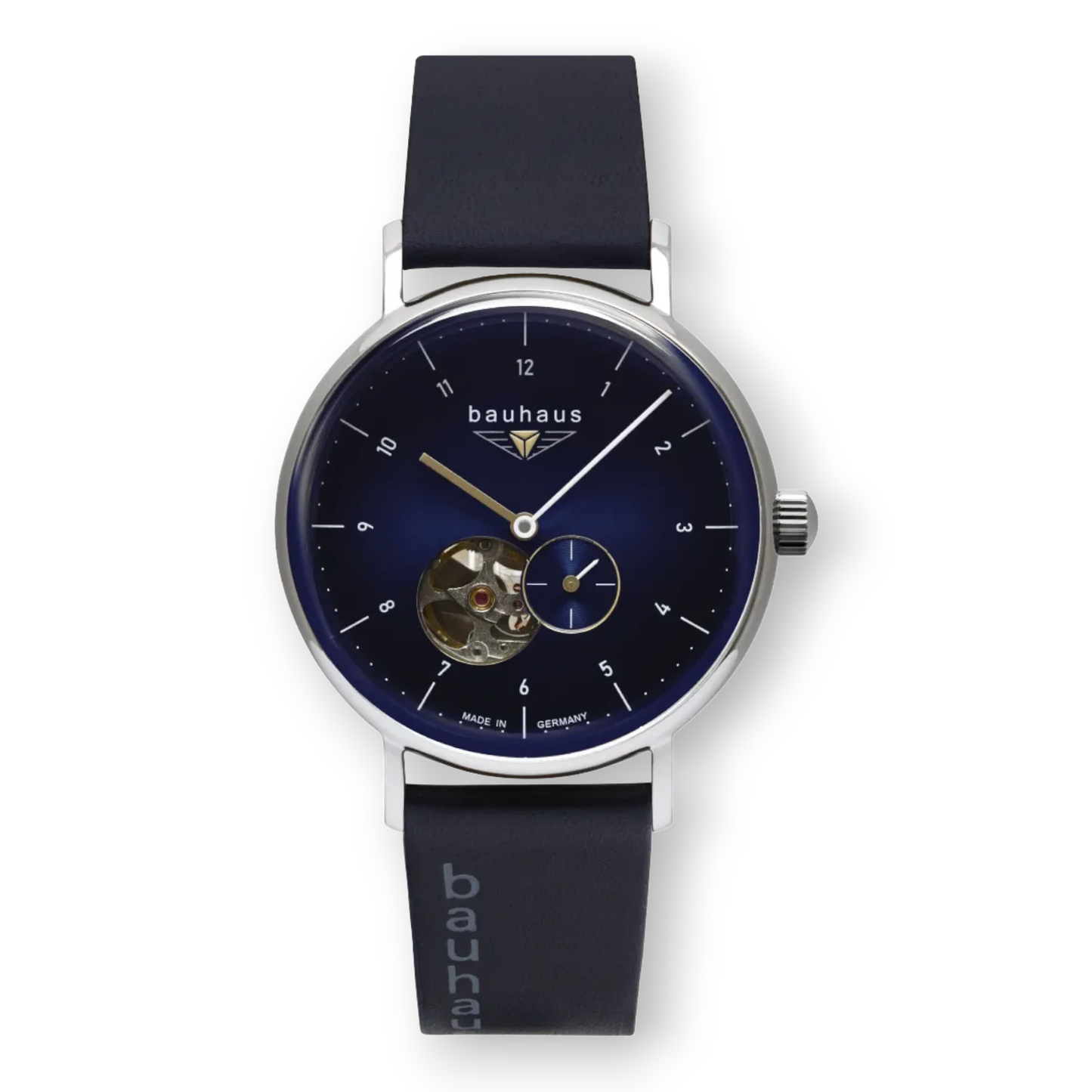 Bauhaus Herrenuhr Automatik mit Open Heart und blauem Zifferblatt. Edles Design mit Lederarmband, erhältlich bei Bendixen-Braun.