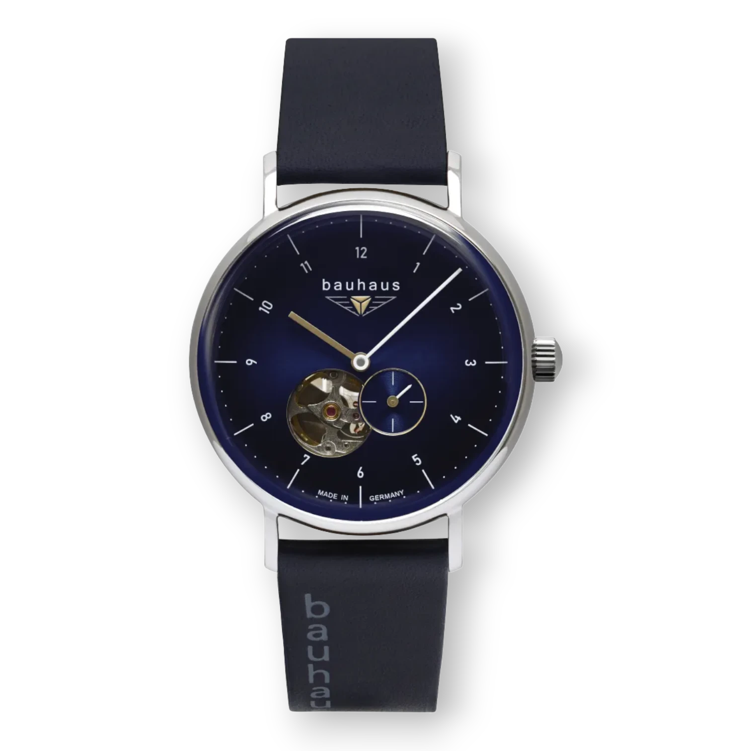 Bauhaus Herrenuhr Automatik mit Open Heart und blauem Zifferblatt. Edles Design mit Lederarmband, erhältlich bei Bendixen-Braun.