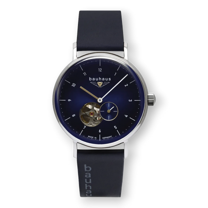 Bauhaus Herrenuhr Automatik mit Open Heart und blauem Zifferblatt. Edles Design mit Lederarmband, erhältlich bei Bendixen-Braun.