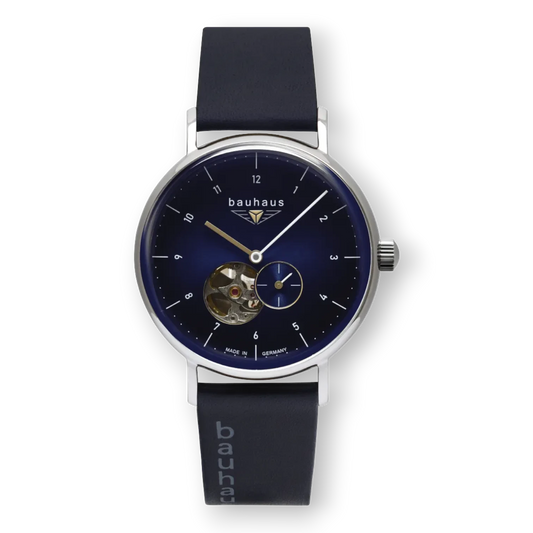 Bauhaus Herrenuhr Automatik mit Open Heart und blauem Zifferblatt. Edles Design mit Lederarmband, erhältlich bei Bendixen-Braun.