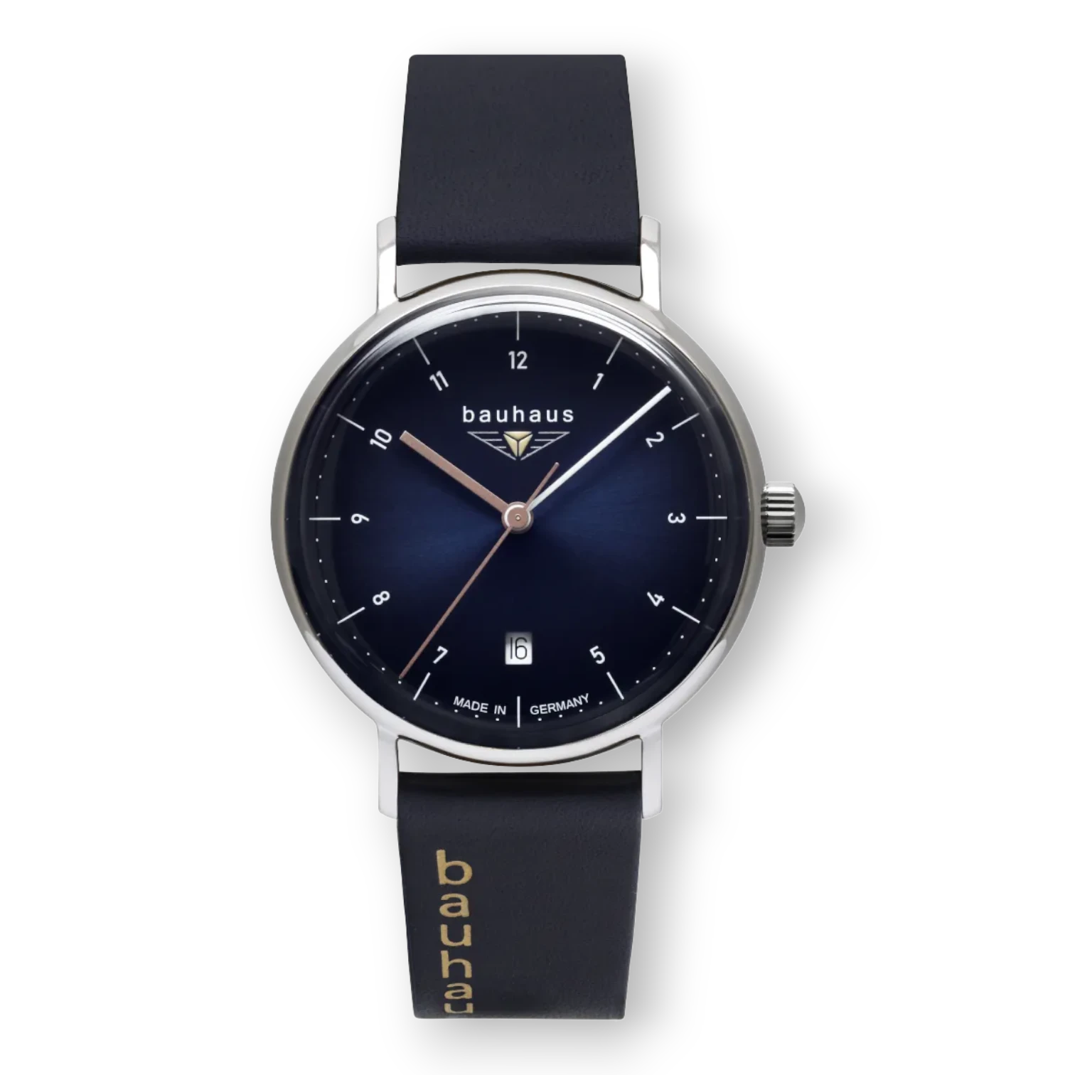 Bauhaus Quarzuhr im Bauhaus-Stil Blau mit elegantem Zifferblatt und Lederarmband. Stilvolle Herrenuhr, erhältlich bei Bendixen-Braun.