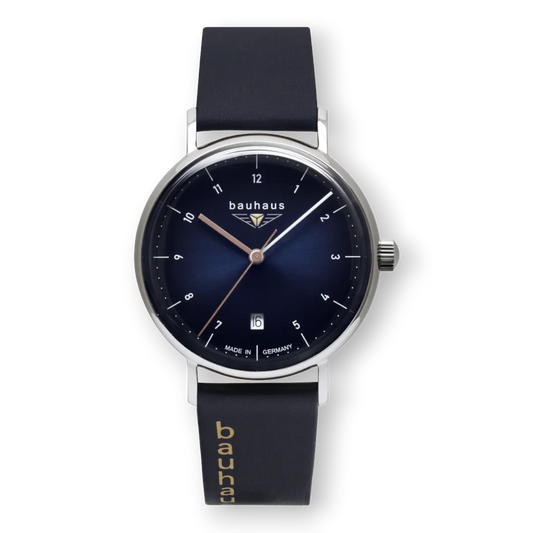 Bauhaus Quarzuhr im Bauhaus-Stil Blau mit elegantem Zifferblatt und Lederarmband. Stilvolle Herrenuhr, erhältlich bei Bendixen-Braun.