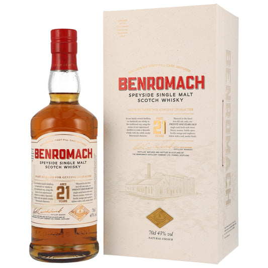 Benromach 21 Jahre Single Malt Whisky 0.7L Front Bendixen-Braun – Dein Fachgeschäft für Zigarren und Spirituosen in Augsburg
