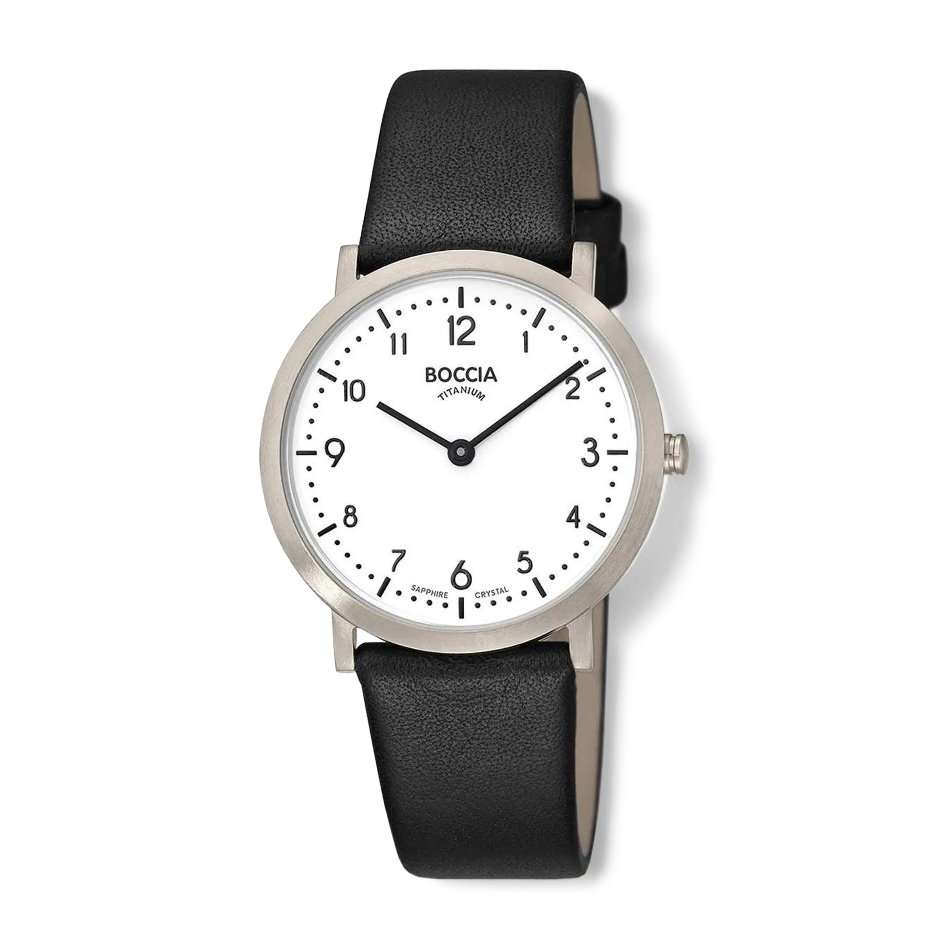 Bendixen-Braun women's titanium watch with white dial, black Arabic numerals, and black leather strap. Features sapphire crystal.