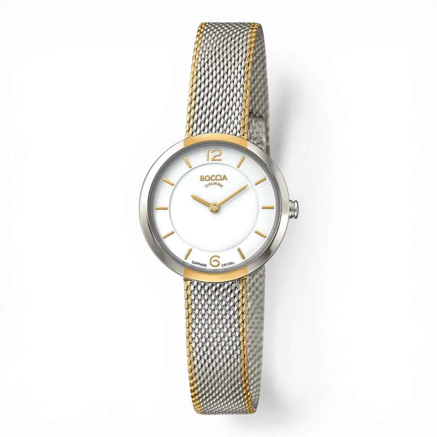 Boccia Quarz Damenuhr mit Milanese-Armband aus Titan und Edelstahl in Bicolor-Optik. Elegante Uhr mit weißem Zifferblatt und goldenen Details.