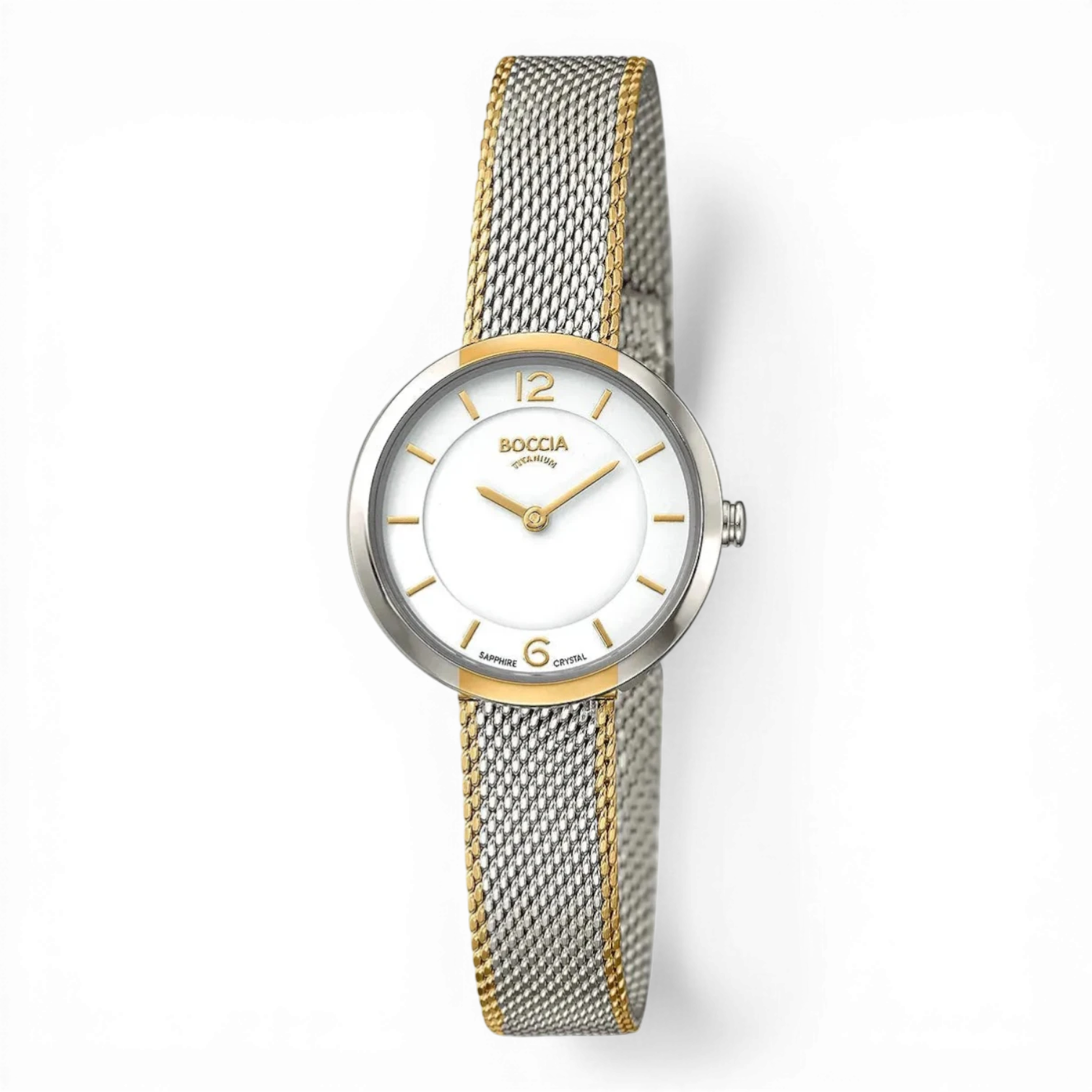 Boccia Quarz Damenuhr mit Milanese-Armband aus Titan und Edelstahl in Bicolor-Optik. Elegante Uhr mit weißem Zifferblatt und goldenen Details.