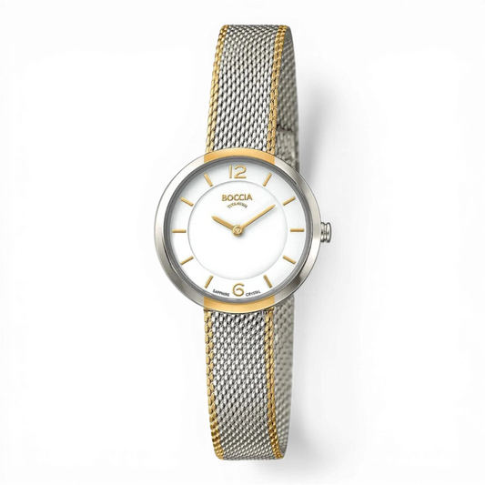 Boccia Quarz Damenuhr mit Milanese-Armband aus Titan und Edelstahl in Bicolor-Optik. Elegante Uhr mit weißem Zifferblatt und goldenen Details.