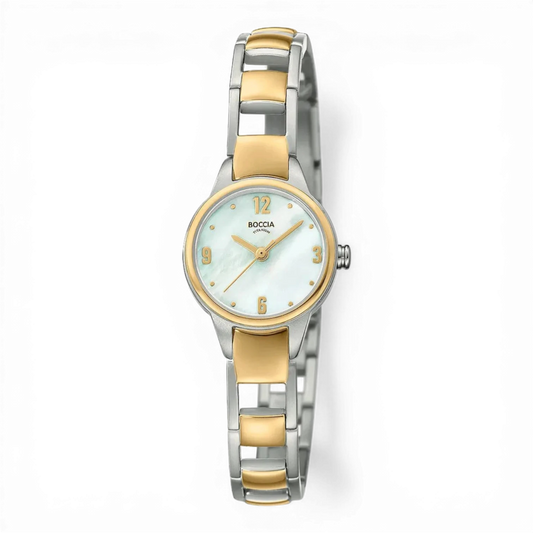 Boccia Damenuhr Bicolor mit Perlmutt-Zifferblatt und Titan-Armband. Elegante Quarzuhr für Damen, erhältlich bei Bendixen-Braun in Augsburg.