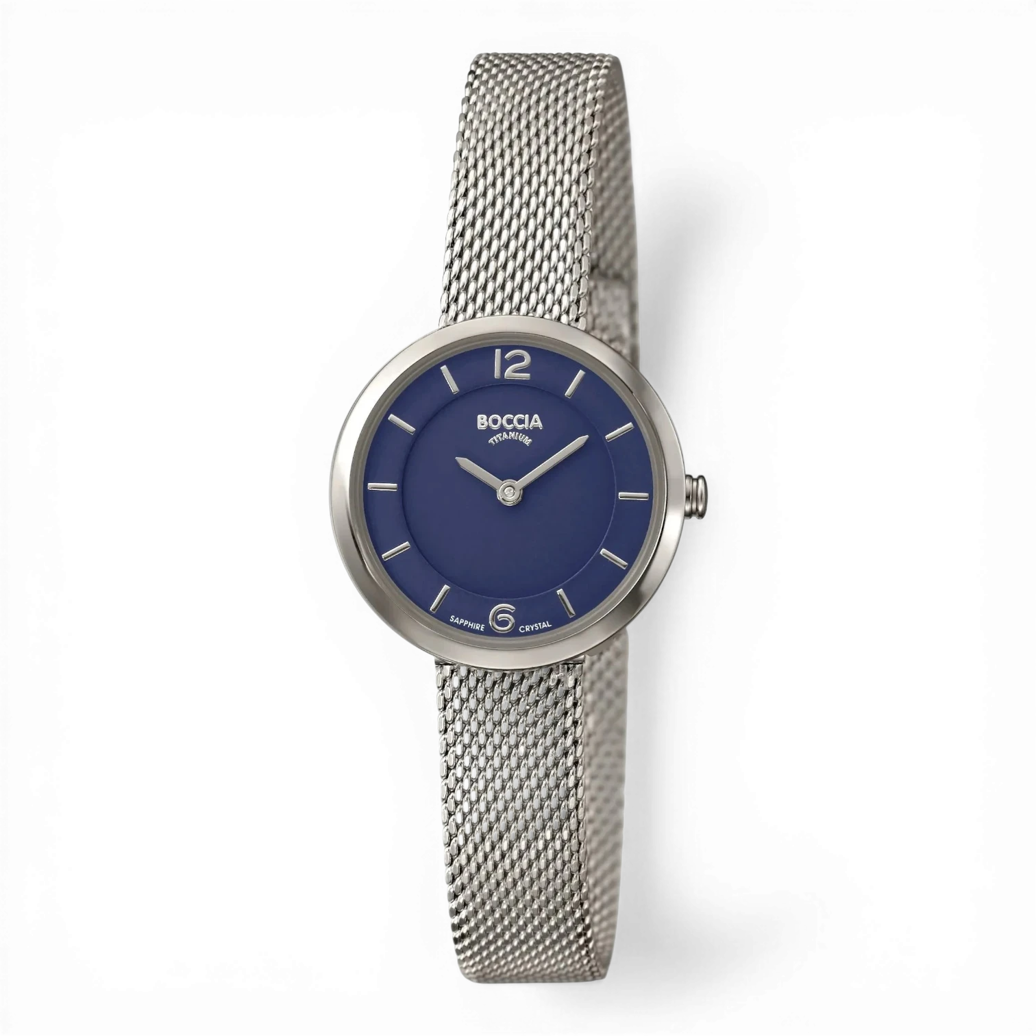 Boccia Damen-Quarzuhr mit blauem Zifferblatt und silbernem Milanese-Armband aus Titan. Elegante Damenuhr bei Bendixen-Braun erhältlich.