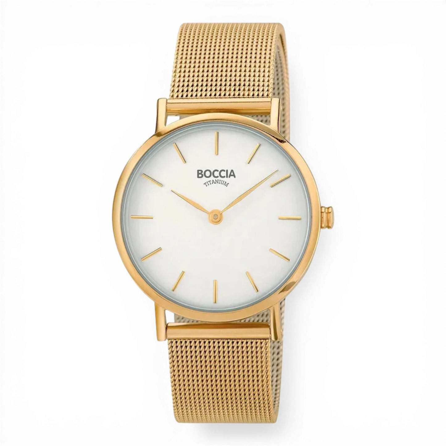 Boccia Titan Damen-Quarzuhr mit Milaneseband in Gelbgoldoptik. Elegantes Design mit schlichtem Zifferblatt, ideal für stilbewusste Frauen.