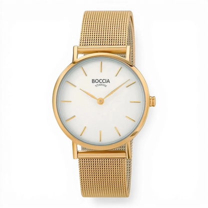 Boccia Titan Damen-Quarzuhr mit Milaneseband in Gelbgoldoptik. Elegantes Design mit schlichtem Zifferblatt, ideal für stilbewusste Frauen.