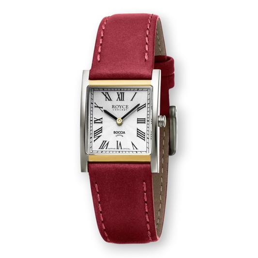 Boccia Damen-Quarzuhr mit rotem Lederband und Titan-Gehäuse. Elegante Damenuhr mit römischen Ziffern, erhältlich bei Bendixen-Braun.