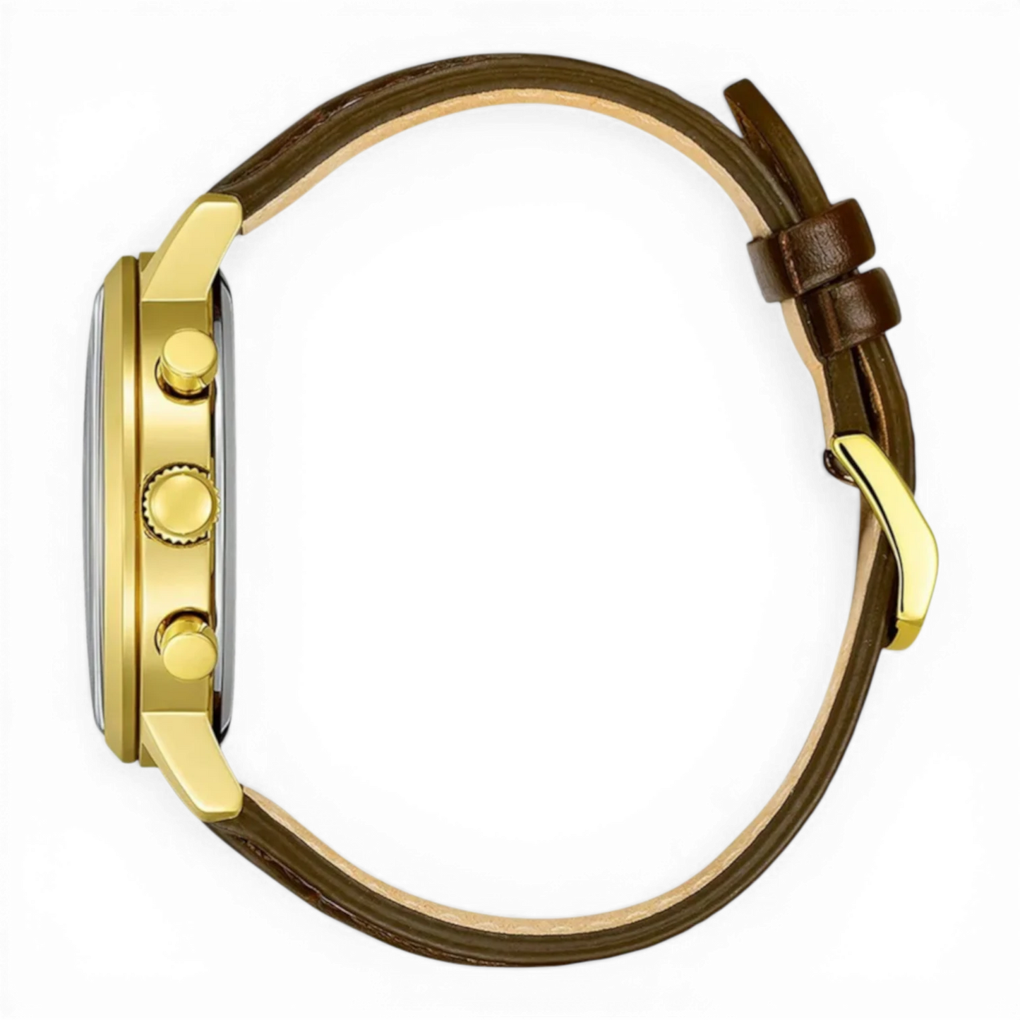 Seitliche Ansicht des Citizen Herren-Chronographen Eco-Drive in Gold mit braunem Lederarmband. Elegante Uhr mit robustem Edelstahlgehäuse.