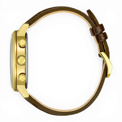 Seitliche Ansicht des Citizen Herren-Chronographen Eco-Drive in Gold mit braunem Lederarmband. Elegante Uhr mit robustem Edelstahlgehäuse.