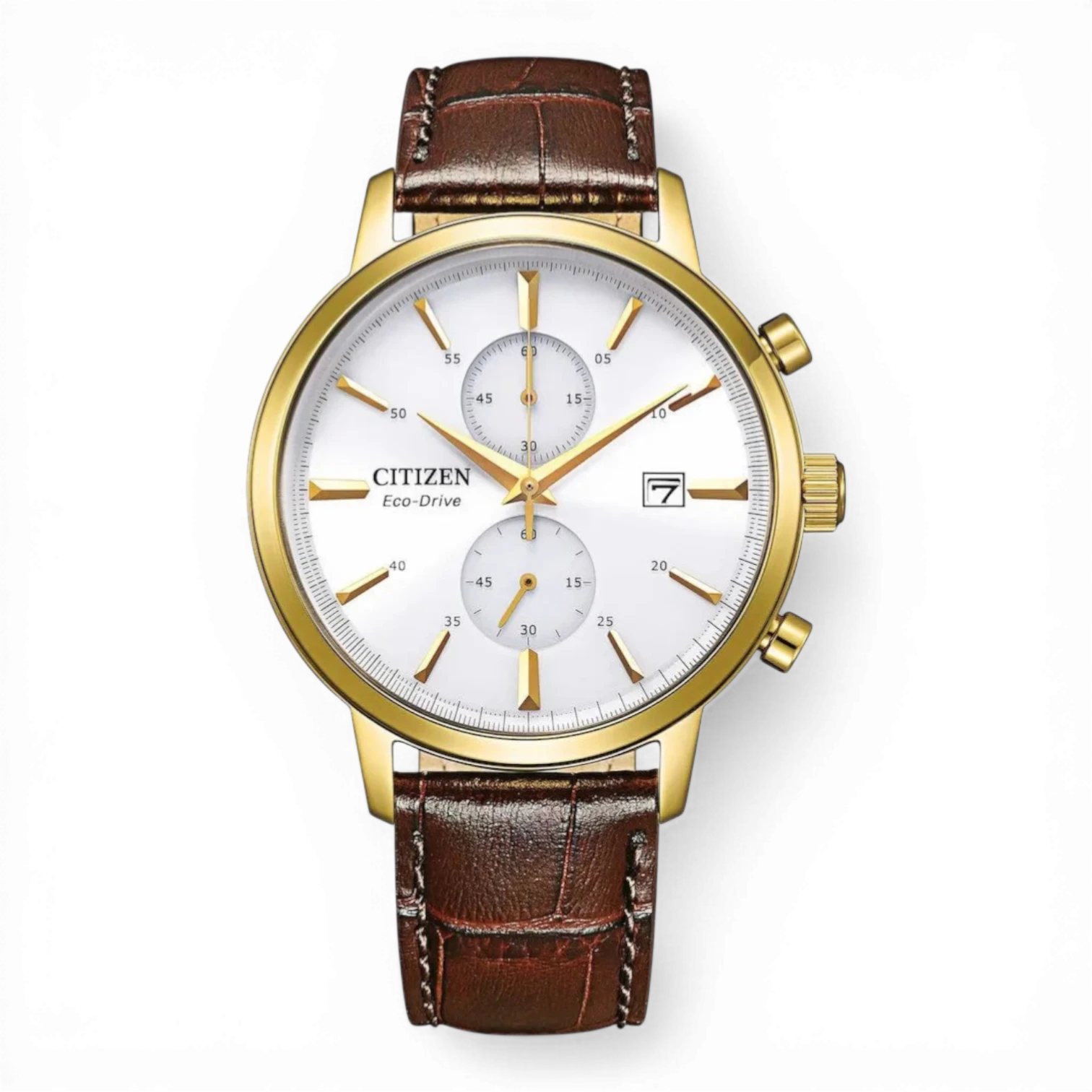 Citizen Herren-Chronograph Eco-Drive in Gold mit weißem Zifferblatt und braunem Lederarmband. Stilvolle Herrenuhr mit Datumsanzeige und Stoppfunktion.