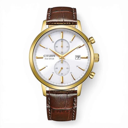 Citizen Herren-Chronograph Eco-Drive in Gold mit weißem Zifferblatt und braunem Lederarmband. Stilvolle Herrenuhr mit Datumsanzeige und Stoppfunktion.