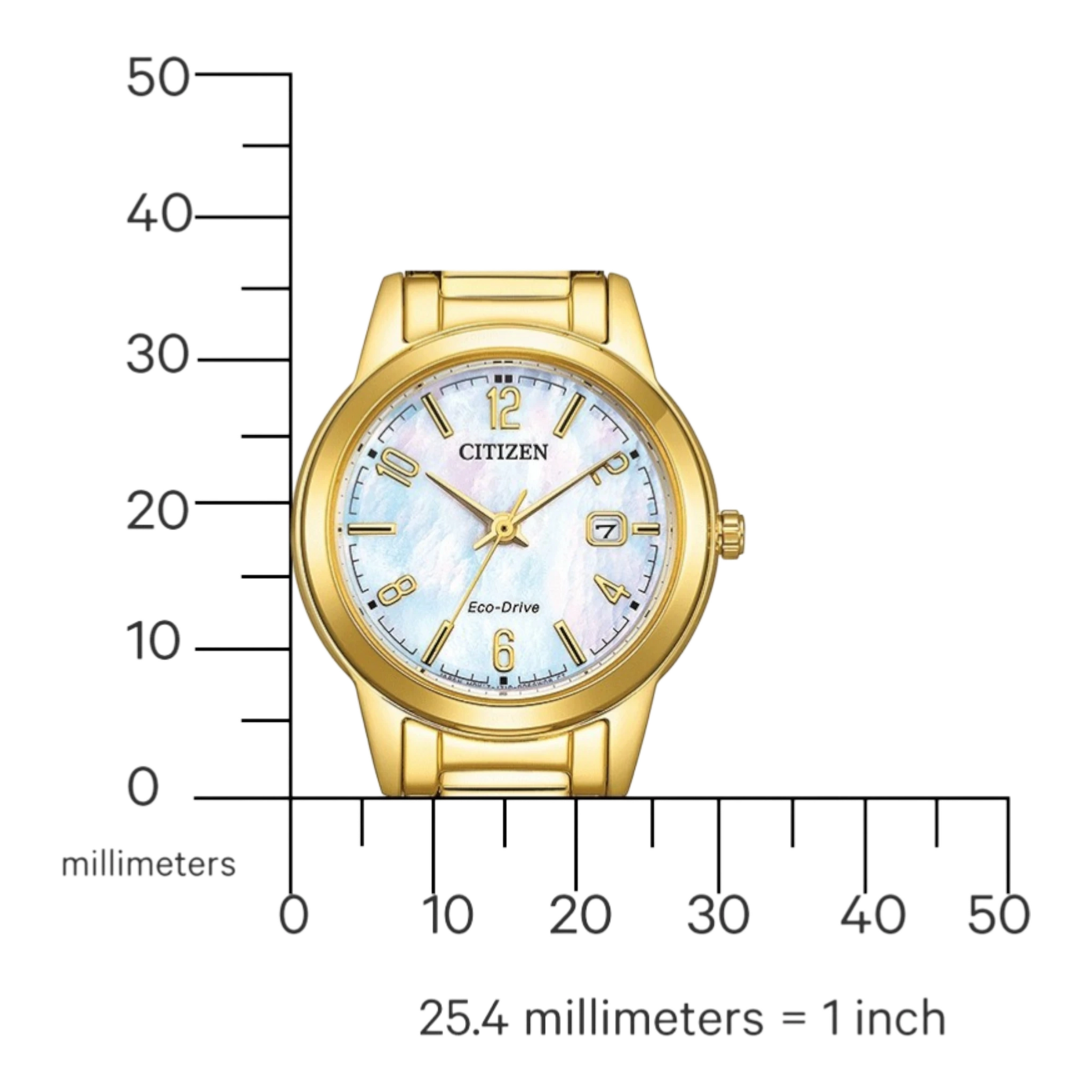 Bendixen-Braun Citizen gold-tone stainless steel women's watch with mother-of-pearl dial and date window. Eco-Drive solar-powered.