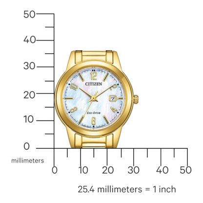 Bendixen-Braun Citizen gold-tone stainless steel women's watch with mother-of-pearl dial and date window. Eco-Drive solar-powered.