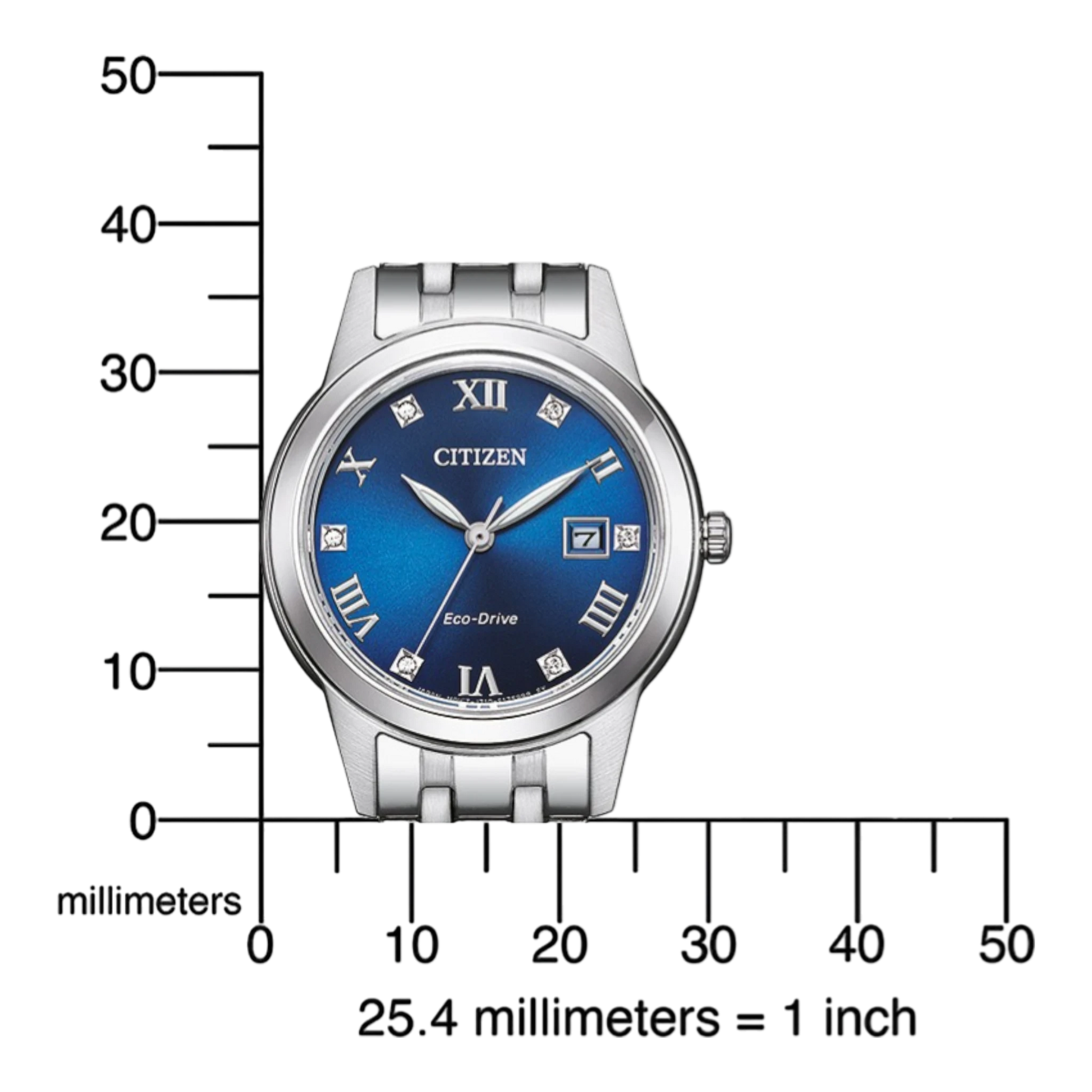 Bendixen-Braun Citizen women's solar watch with blue dial, Roman numerals, date display and Swarovski crystals.