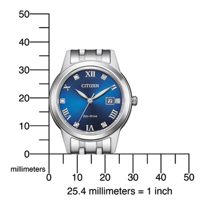 Bendixen-Braun Citizen women's solar watch with blue dial, Roman numerals, date display and Swarovski crystals.