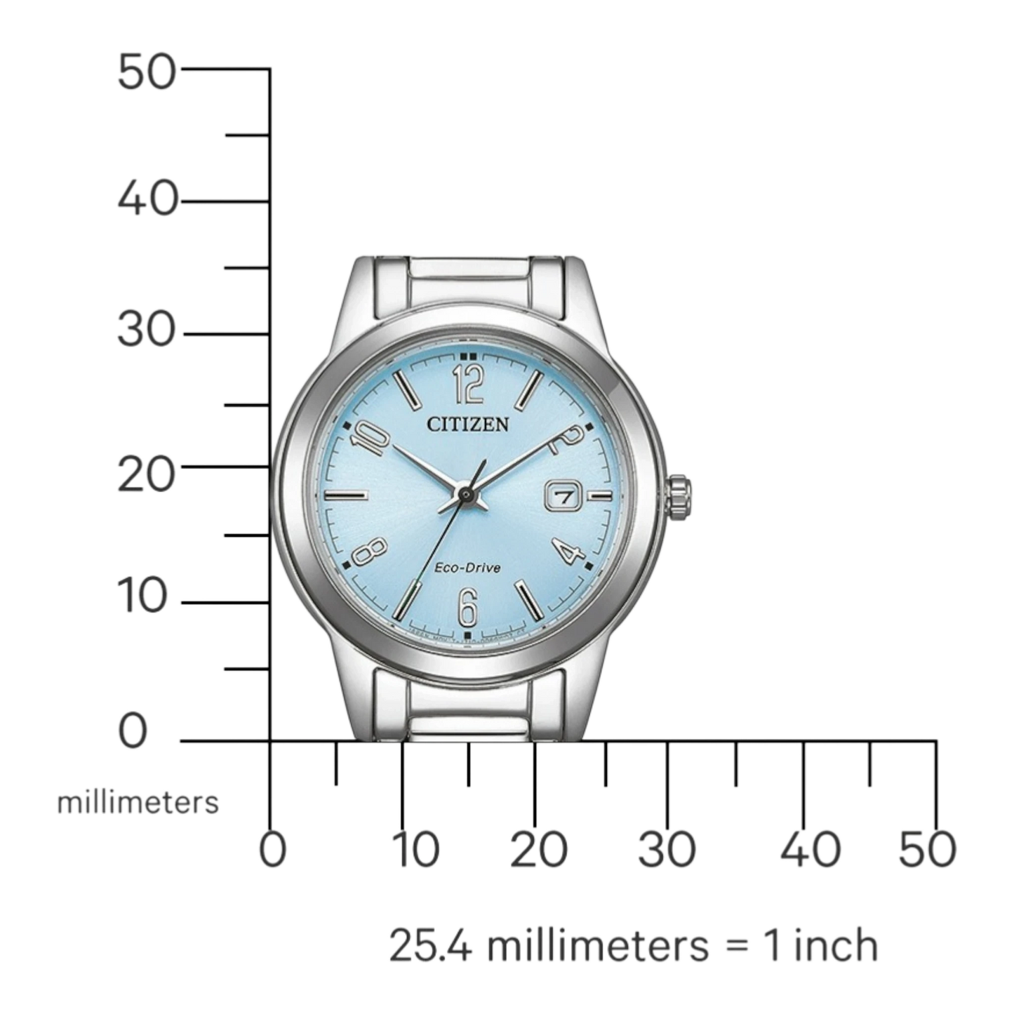 Bendixen-Braun Citizen women's watch with light blue dial, silver stainless steel case and bracelet, date display, and Eco-Drive solar technology.