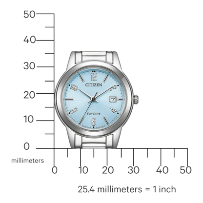 Bendixen-Braun Citizen women's watch with light blue dial, silver stainless steel case and bracelet, date display, and Eco-Drive solar technology.