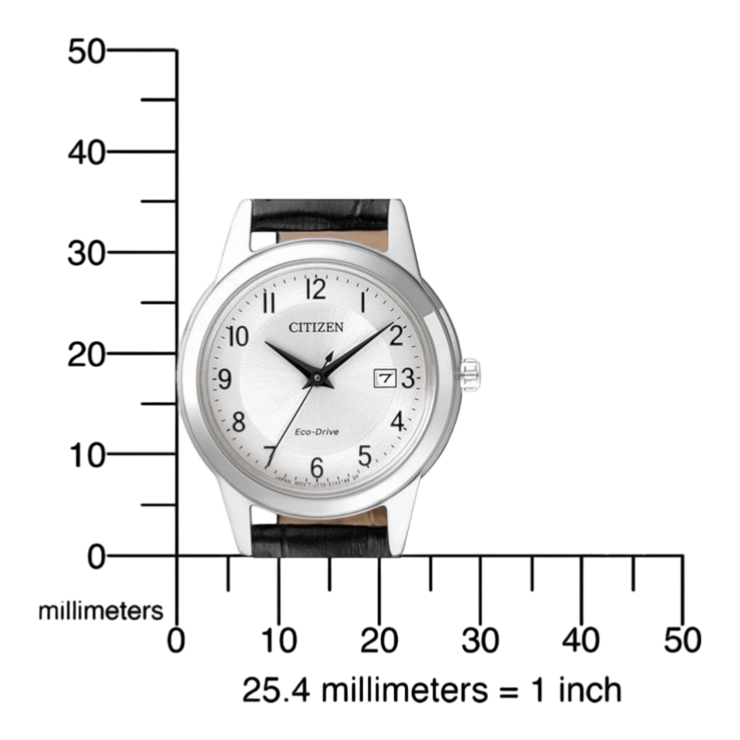 Bendixen-Braun Citizen women's watch with silver dial, black Arabic indices, date window, and black leather strap. Features Eco-Drive solar technology.