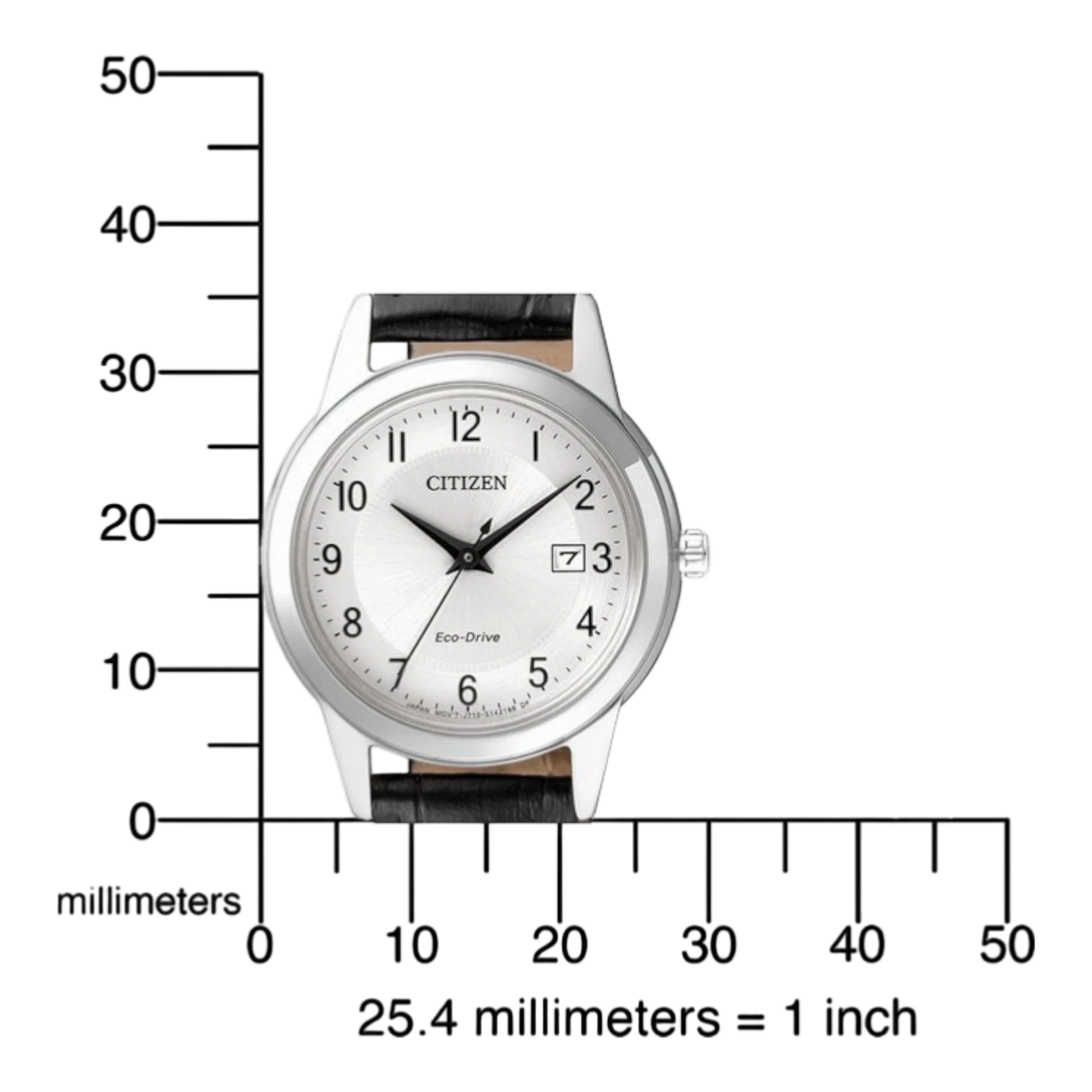 Bendixen-Braun Citizen women's watch with silver dial, black Arabic indices, date window, and black leather strap. Features Eco-Drive solar technology.