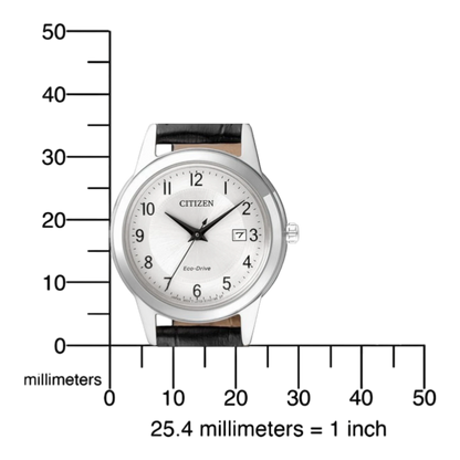 Bendixen-Braun Citizen women's watch with silver dial, black Arabic indices, date window, and black leather strap. Features Eco-Drive solar technology.