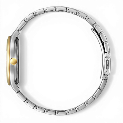 Bendixen-Braun women's bicolor solar watch with Roman numerals and beige dial. Stainless steel bracelet.