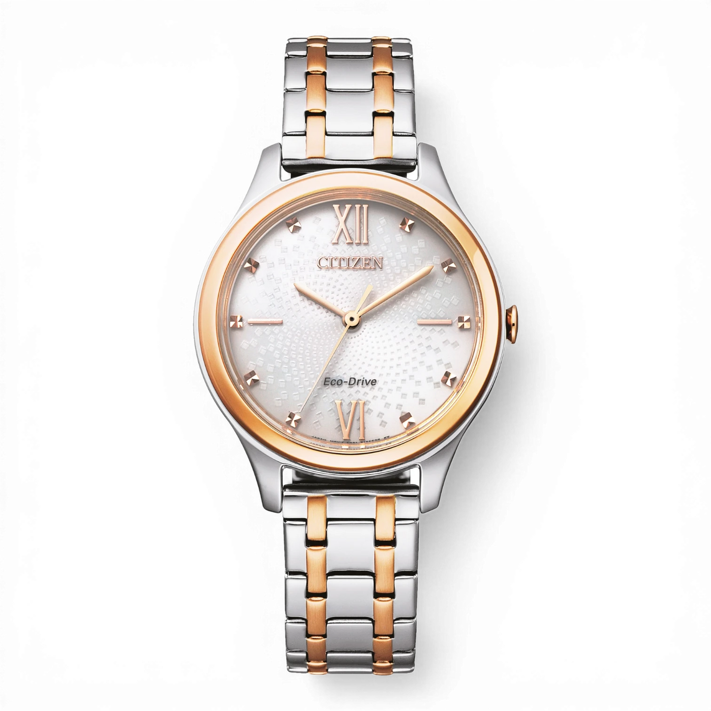 Bendixen-Braun women's bicolor solar watch with Roman numerals and a light beige dial with a diamond pattern.