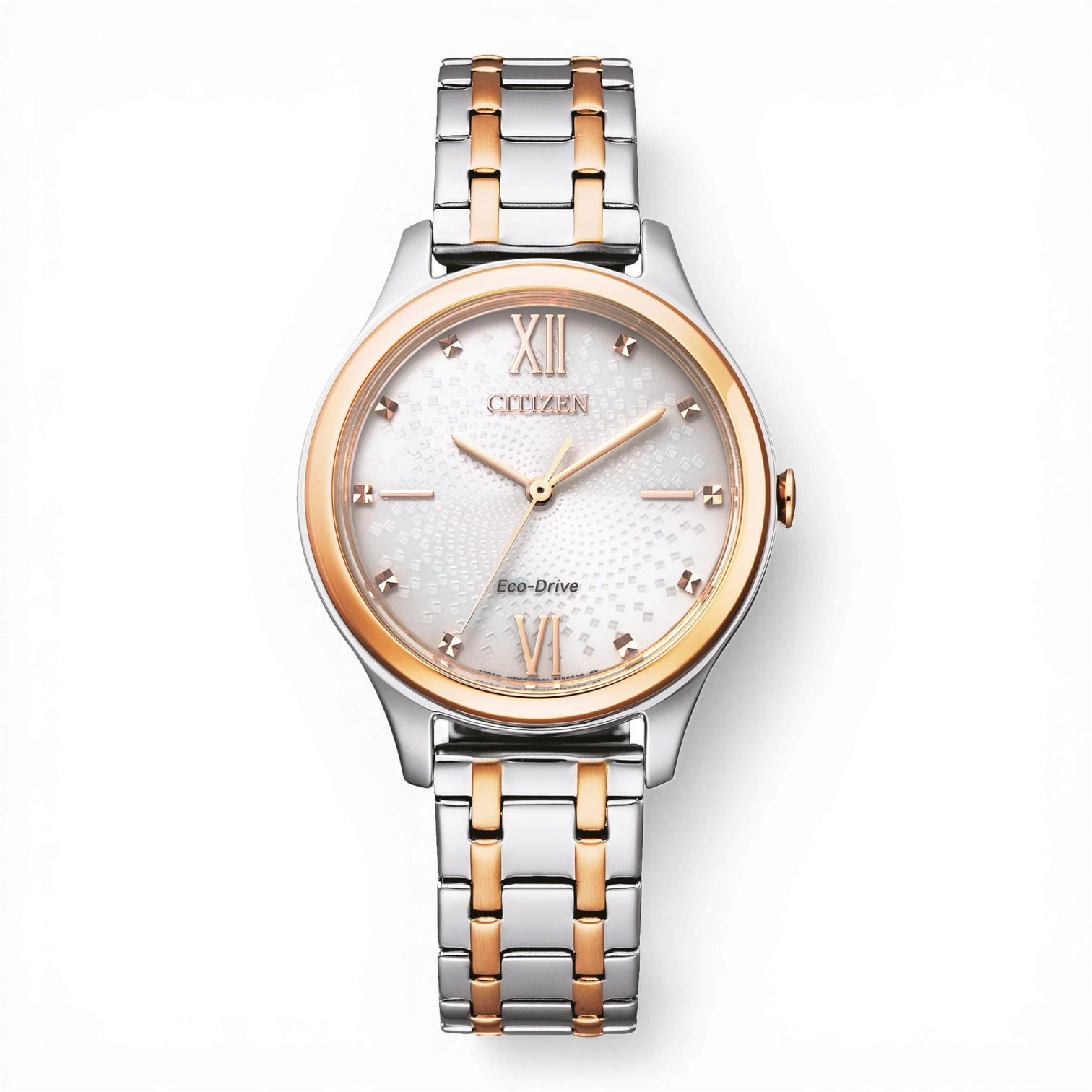 Bendixen-Braun women's bicolor solar watch with Roman numerals and a light beige dial with a diamond pattern.