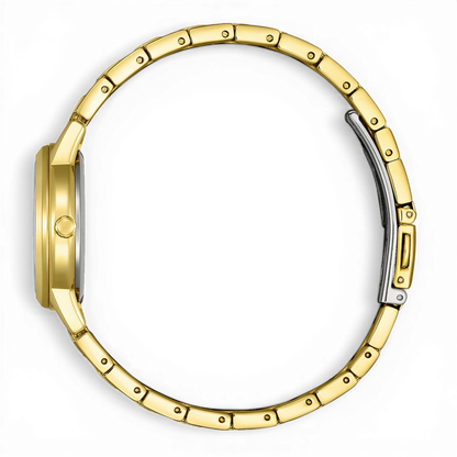 Bendixen-Braun gold-tone stainless steel women's watch with pearl dial and solar-powered eco-drive.