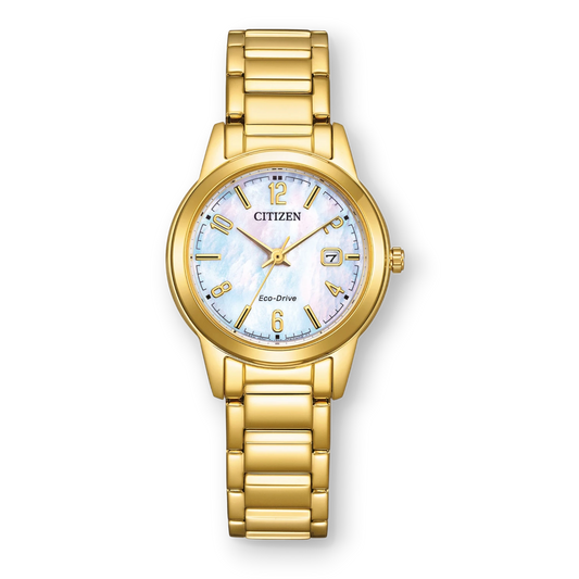 Bendixen-Braun Citizen gold-tone stainless steel women's watch with mother-of-pearl dial and date window.