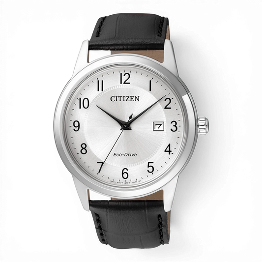 Bendixen-Braun men's watch with silver dial, Arabic numerals, date window, and black leather strap. Features Eco-Drive solar technology.
