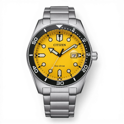 Bendixen-Braun men's Citizen Eco-Drive dive watch with yellow dial, stainless steel case and bracelet, luminous markers.