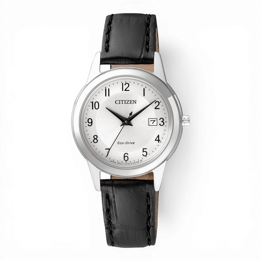 Bendixen-Braun Citizen women's watch with silver dial, black Arabic indices, date display, and black leather strap. Solar-powered.