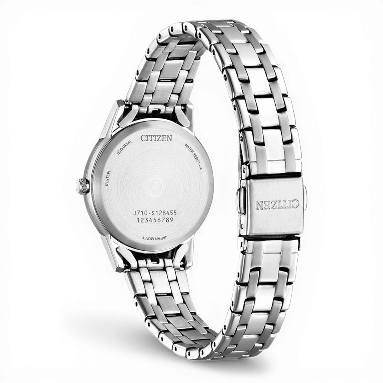 Bendixen-Braun Citizen women's watch with blue dial, Roman numerals, date display, and stainless steel bracelet. Solar Eco-Drive.