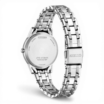 Bendixen-Braun Citizen women's watch with blue dial, Roman numerals, date display, and stainless steel bracelet. Solar Eco-Drive.