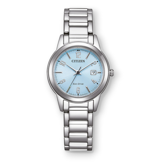 Bendixen-Braun Citizen women's solar watch with light blue dial, date window, and stainless steel band.